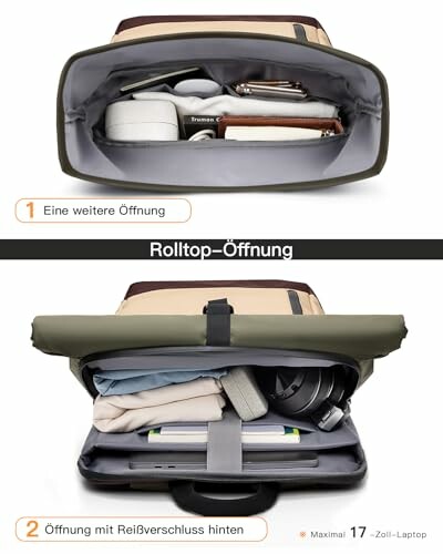 Rucksack mit Rolltop-Öffnung und Fächern für Laptop und Zubehör.
