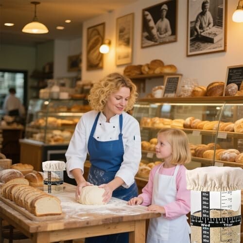 Bäckerin mit Kind in Bäckerei, knetet Teig.