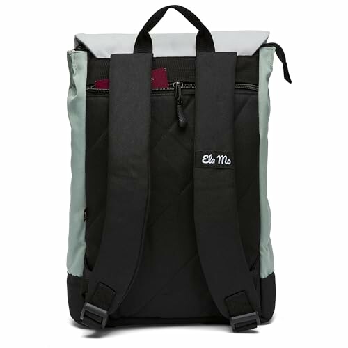 Schwarzer Rucksack mit grauer Klappe und Trägern