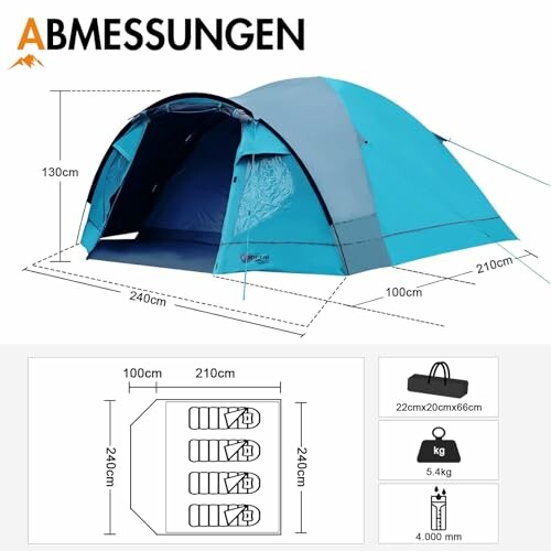 Abmessungen eines blauen Campingzeltes für vier Personen.