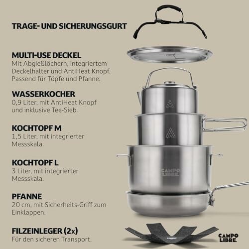 Camping-Kochgeschirr-Set mit verschiedenen Töpfen und Pfanne.