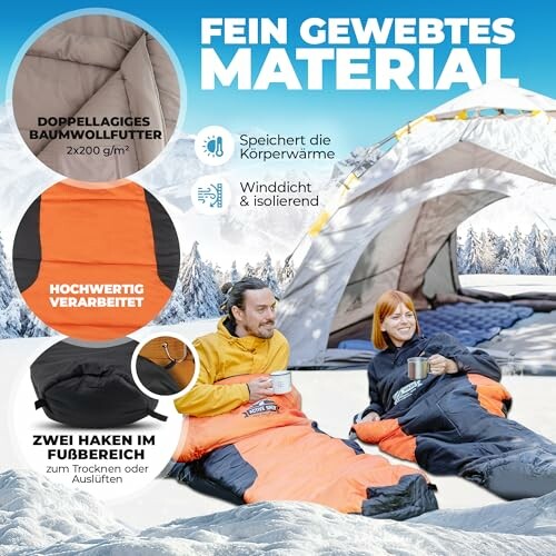 Werbung für Schlafsäcke mit Isolierung und Komfort.