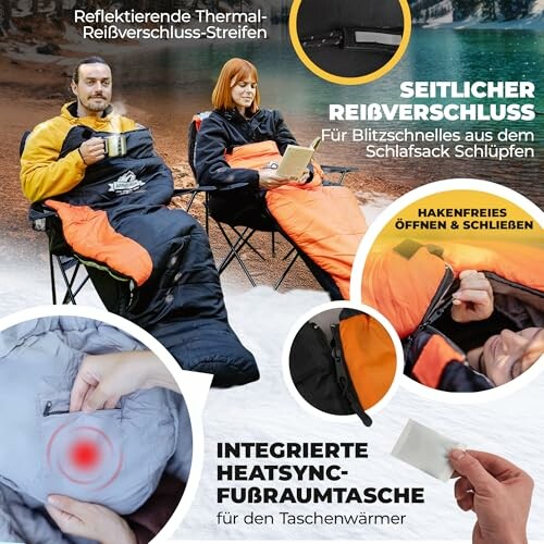 Zwei Personen in Schlafsäcken beim Camping, Details zu Reißverschluss und Fußraumtasche.