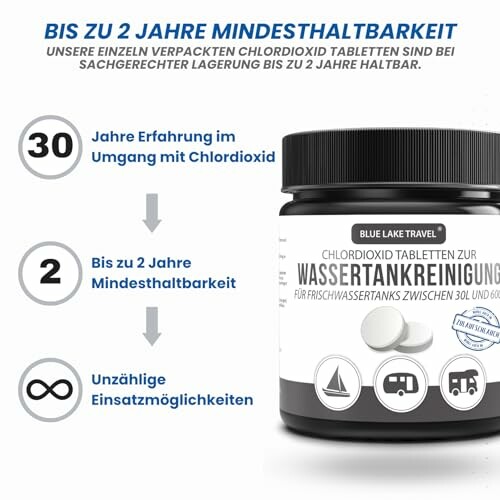 Chlordioxidtabletten zur Wassertankreinigung mit Haltbarkeit von bis zu 2 Jahren.