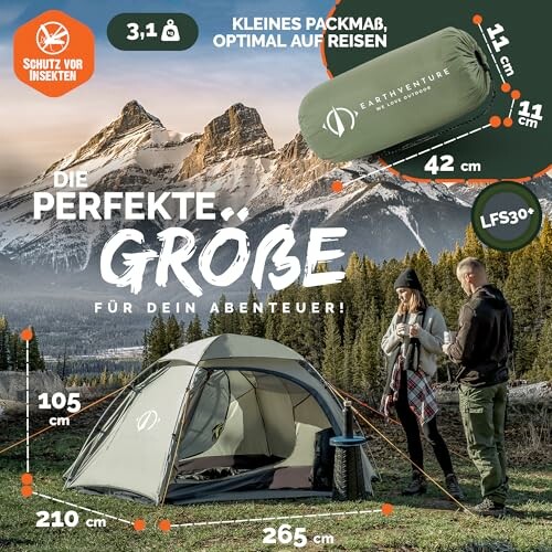 Campingzelt mit Abmessungen und Reisepackmaß.