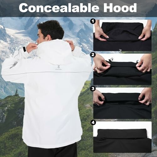 Person mit versteckbarer Kapuze in weißer Jacke