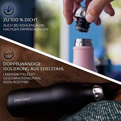 Edelstahlflaschen mit isoliertem Verschluss und Dichtung.