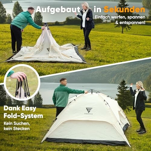Zwei Personen bauen ein Zelt auf einer Wiese auf.