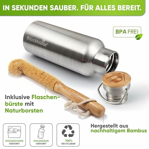 Edelstahlflasche mit Bambusdeckel und Flaschenbürste