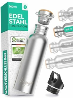 Edelstahl Trinkflasche mit Sportverschluss und Verpackung