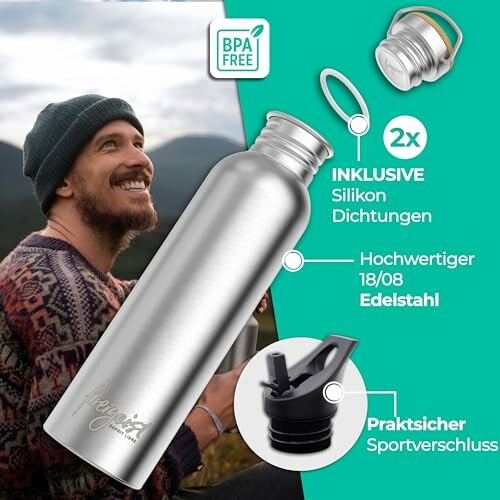 Mann mit Edelstahl-Trinkflasche in der Natur