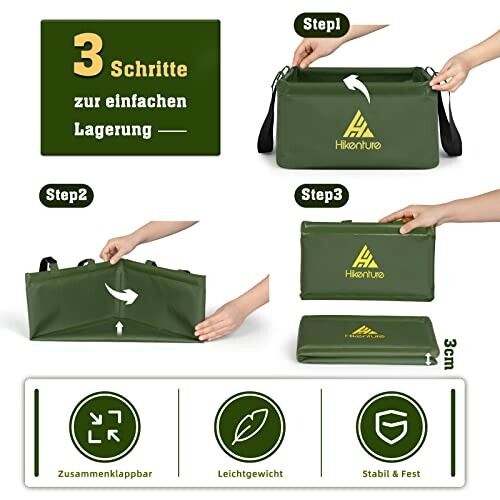 Anleitung zum Zusammenfalten einer grünen Tasche in drei Schritten.
