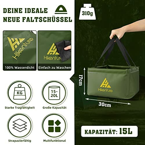 Grüne faltbare Schüssel mit 15L Kapazität und Tragegriffen.