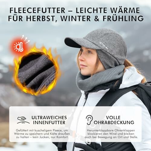 Frau mit Fleece-Mütze und Berglandschaft im Hintergrund.