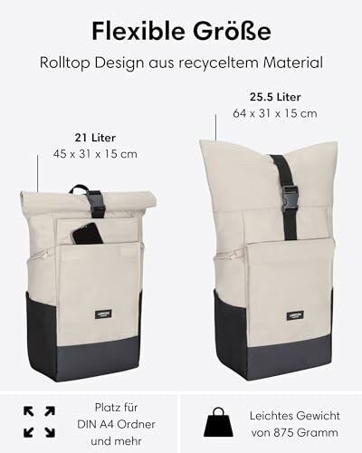 Zwei Rucksäcke mit Rolltop-Design aus recyceltem Material, 21 Liter und 25.5 Liter.
