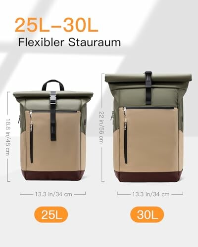 Zwei Rucksäcke mit flexiblem Stauraum von 25L und 30L.
