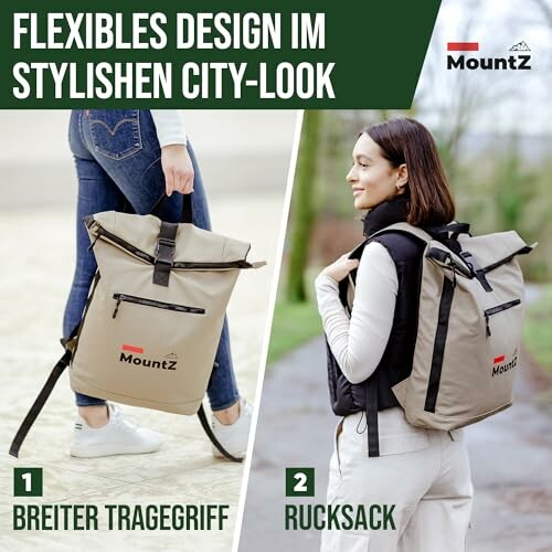 Zwei Personen tragen einen beige Rucksack von MountZ.