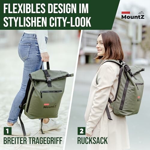 Zwei Frauen mit MountZ Rucksack in verschiedenen Tragevarianten.
