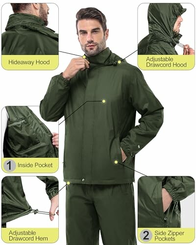 Mann trägt eine grüne wasserdichte Jacke mit verstellbaren Funktionen.