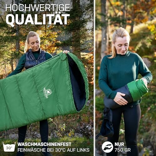 Frau im Wald mit grünem Schlafsack, waschmaschinenfest bei 30 Grad