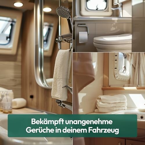 Innenansicht eines Camper-Badezimmers mit Handtüchern und Toilette.