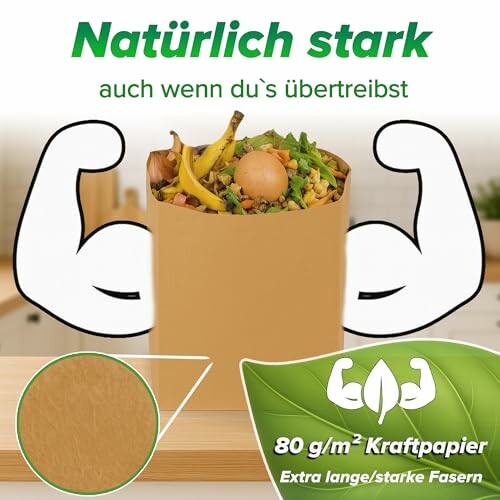 Kraftpapierbeutel voller Bioabfall mit starken Armen