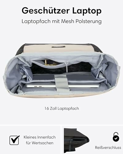 Laptopfach mit Mesh-Polsterung und Reißverschluss