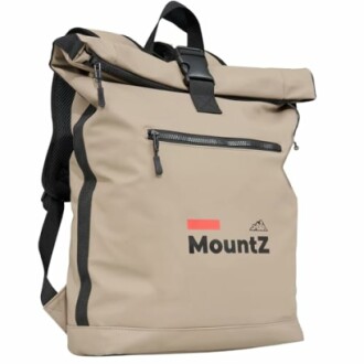 Beiger Rucksack mit Reißverschlüssen und Logo