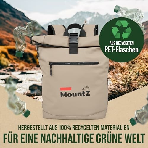 Rucksack aus recycelten Materialien vor Berglandschaft