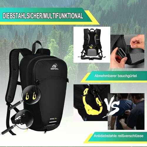 Multifunktionaler, diebstahlsicherer Rucksack mit abnehmbarem Bauchgurt.