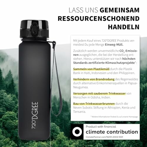 Nachhaltige Wasserflasche mit Umweltinformationen von 720°Dgree.