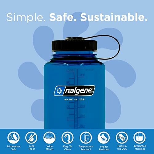 Blaue Nalgene-Wasserflasche mit Markierungen und Logo