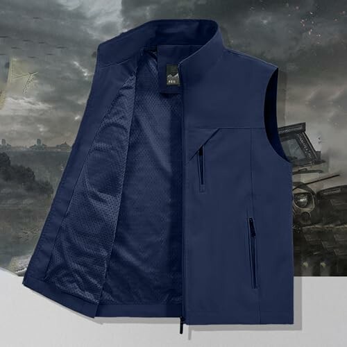 Dunkelblaue Weste mit Reißverschluss und Taschen.