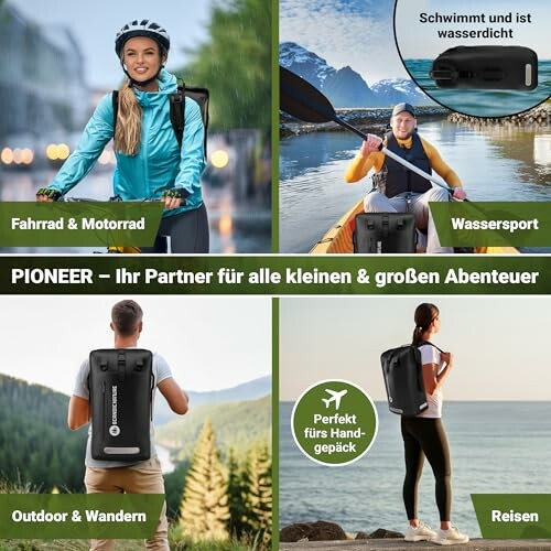 Verschiedene Aktivitäten mit wasserdichtem Rucksack.