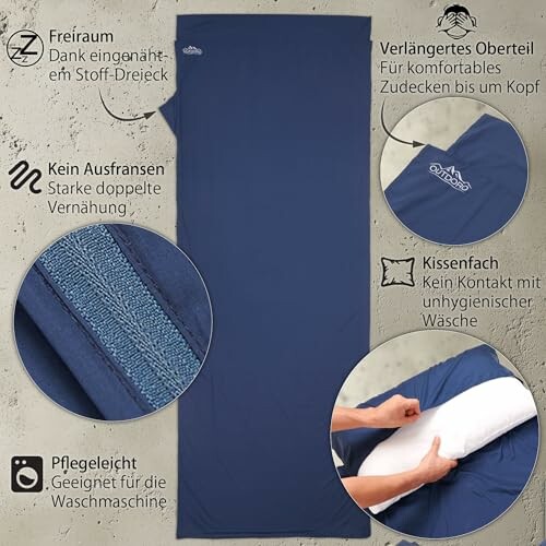 Blauer Outdoor-Schlafsack-Innenschlafsack mit Kissenfach und verlängertem Oberteil.
