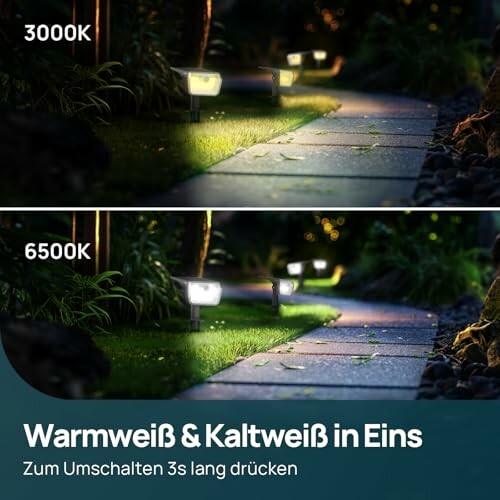 Gartenweg mit unterschiedlichen Lichtfarben, warmweiß und kaltweiß