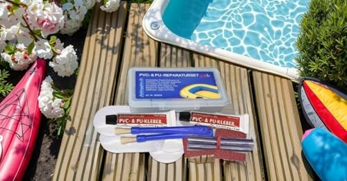 Reparaturset für Pool auf Holzterrasse