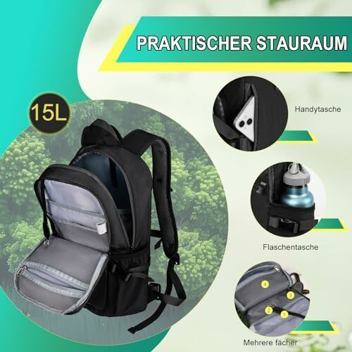 Praktischer Rucksack mit mehreren Fächern und 15 Liter Fassungsvermögen.