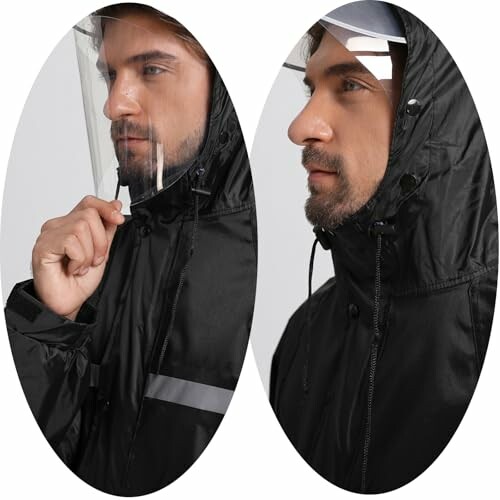 Mann mit schwarzer Regenjacke und Gesichtsschutz