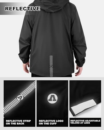 Reflektierende Jacke mit Streifen, Logo und Klettverschluss.