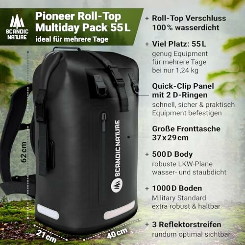 Schwarzer Roll-Top Rucksack mit 55L Fassungsvermögen und mehreren Funktionen, ideal für mehrtägige Touren.