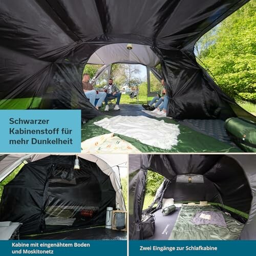Innenansicht eines Zeltes mit mehreren Eingängen und Schlafbereichen.