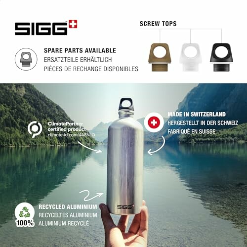 SIGG Trinkflasche mit austauschbaren Deckeln und recyceltem Aluminium, hergestellt in der Schweiz.