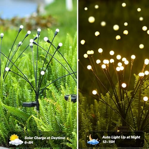 Solarbetriebene Gartenlichter bei Tag und Nacht