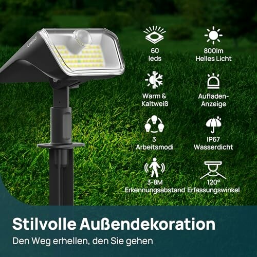 Solar Gartenlicht mit LED-Anzeige und Funktionen.