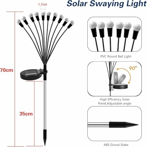 Diagramm einer Solar-Schwenkleuchte mit Abmessungen und Komponenten.