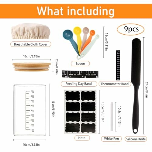 Set mit Brotbackzubehör, einschließlich Löffel, Thermometerband und Notizen.