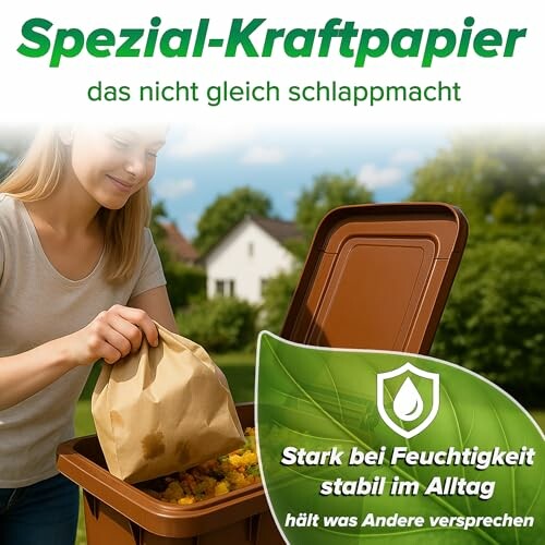Frau entsorgt Essensreste in brauner Tonne mit Kraftpapier.