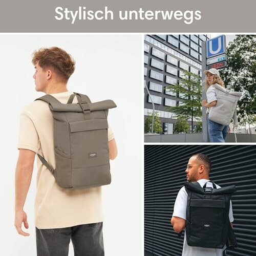 Menschen mit stilvollen Rucksäcken in der Stadt