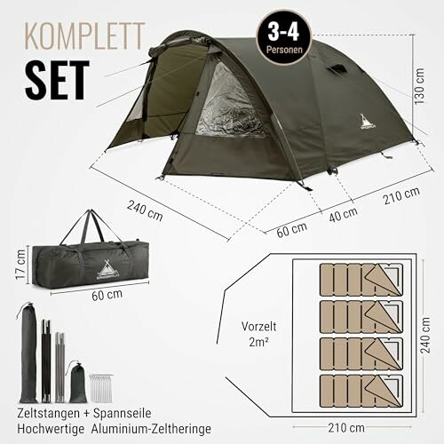 Komplettes Zeltset für 3-4 Personen mit Maßen und Zubehör.